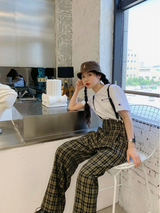 プレイドブリティッシュルーズサスペンダーカジュアルパンツ