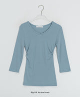 Onepie U-neck/V-neck Side Shirring Three Quarter Sleeve Tee