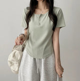 Waddoo hem round button short sleeve tee