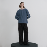 Layered Loose Waffle Henley Neck Long Sleeve Tee - FADE NAVY