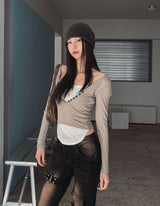 Ash Ribbed Deep Button Layered Long Sleeves