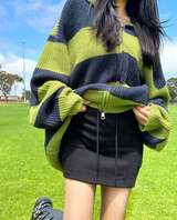 (HIGH-QUALITY!/UNISEX) ビッグフードルーズフィットストライプニットジップアップ - 2 COLOR