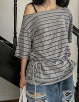 Multi stripe strap off-shoulder short sleeve
