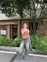 ローズワイドスクラッチヴィンテージデニムパンツ