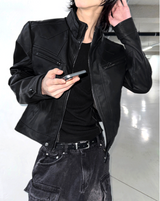 Crop Neck Leather Jacket
