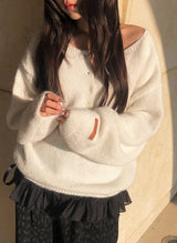 Nancy Henley Neck Button Round Patch Wool Knit