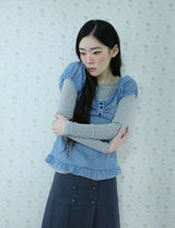 DOT SHIRRING BLOUSE(BLUE)