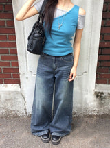 [SET] Resin Unbalanced Sleeveless One Shoulder Button Short Sleeve T-shirt
