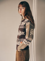 VINTAGE FLOWER KNIT ZIP UP BROWN