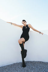Buckle Lace-Up Walker Boots(Black)