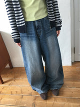 バヒウウォッシュ加工ワイドデニムパンツ