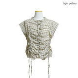 (2color) Ruffle Shirring Check Cap Blouse