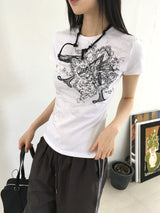 Doodle tattoo printing slim short sleeve t-shirt