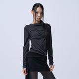 TWIST DRAPE LONG SLEEVE TOP (MELANGE BLACK)