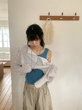 Dre Stripe Summer Button Off-Shoulder Long Sleeve Tee