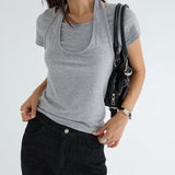 [Royen] Halter-Neck Layered Short-Sleeve T-Shirt - 3 Colors