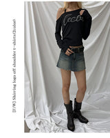 [F/W] Shirring logo off shoulder t-shirts(2color)
