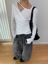 Cross strap unbalanced long-sleeve t-shirt