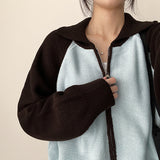 Sera collar color matching nagrang two-way knit zip-up