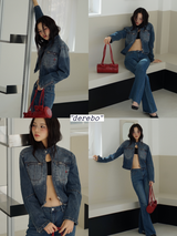Round medium blue zip-up denim jacket