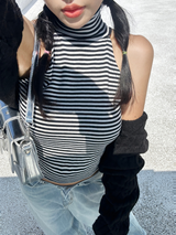 (FALL/WINTER KNIT) KNIT STRIPED SEMI-CROPPED LAYERED INNER TURTLE-NECK THICK TANK - 2 COLOR