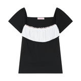 [MADE] Dual-Tone Contrast Lace Shirred Top