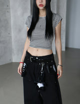 Stripe Backless Ribbon Crop Short Sleeve T-Shirt