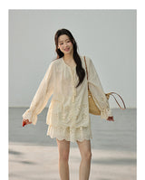 [SET] Eyelet Bell Sleeve Blouse & Mini Skirt Set