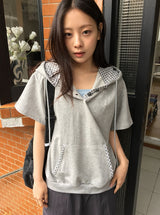 ハカンジチェックカラーボタンフード半袖Tシャツ