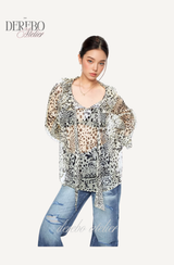 Leopard see-through frill blouse