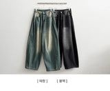 Leg hem snap side pin tuck denim wide pants