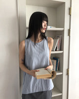 Romu nylon unbalanced strap ribbon sleeveless blouse