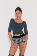 Sweetie Lace Trim 3/4 Sleeve Tee (Charcoal)
