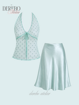 milk mint halter blouse silk skirt two-piece (TOP) 