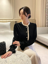 Tiv Frill Color Matching Velvet Blouse