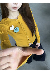 Flower Broach Yellow Round Cardigan