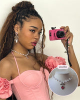 [ジェニーパーク Necklace] ローズピンクハートアンドリボン パールチョーカーネックレス
