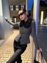 Black fur striped knit cardigan