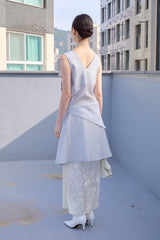 V-Neck Scarf-Set Dress (Blue Gray)