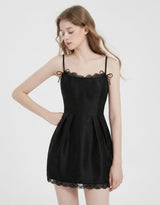 Fleurine Lace Ribbon Tulip Mini Dress Black