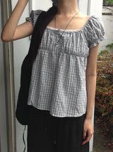 [Scrunch SET ] Unru Puff Shirring Layered Button Blouse
