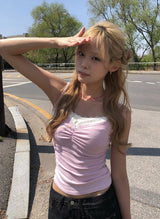 エッセンボーダーシャレッドリボンレースキャミソール