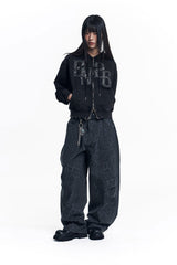 Washed Leather Patch Hooded Zip-Up - Black