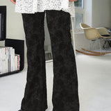 Quilted jacquard rose flower banding bootcut leggings pants