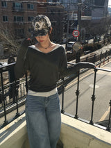 Deep V-neck see-through knit (6c)