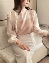 Liang Satin Tie Color Matching Puff Blouse