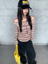 burgundy striped off-shoulder long-sleeve t-shirt