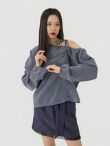One-shoulder Blanc Ribbon Shirring Detail Top, Charcoal