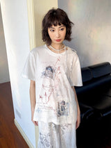 アップリケプリントパッチワークルーズショートスリーブTシャツ