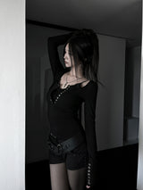 rock chic black button long sleeve T